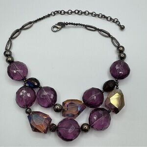 Chico’s Purple Glass & Acrylic Beaded Statement Necklace Gunmetal Tone